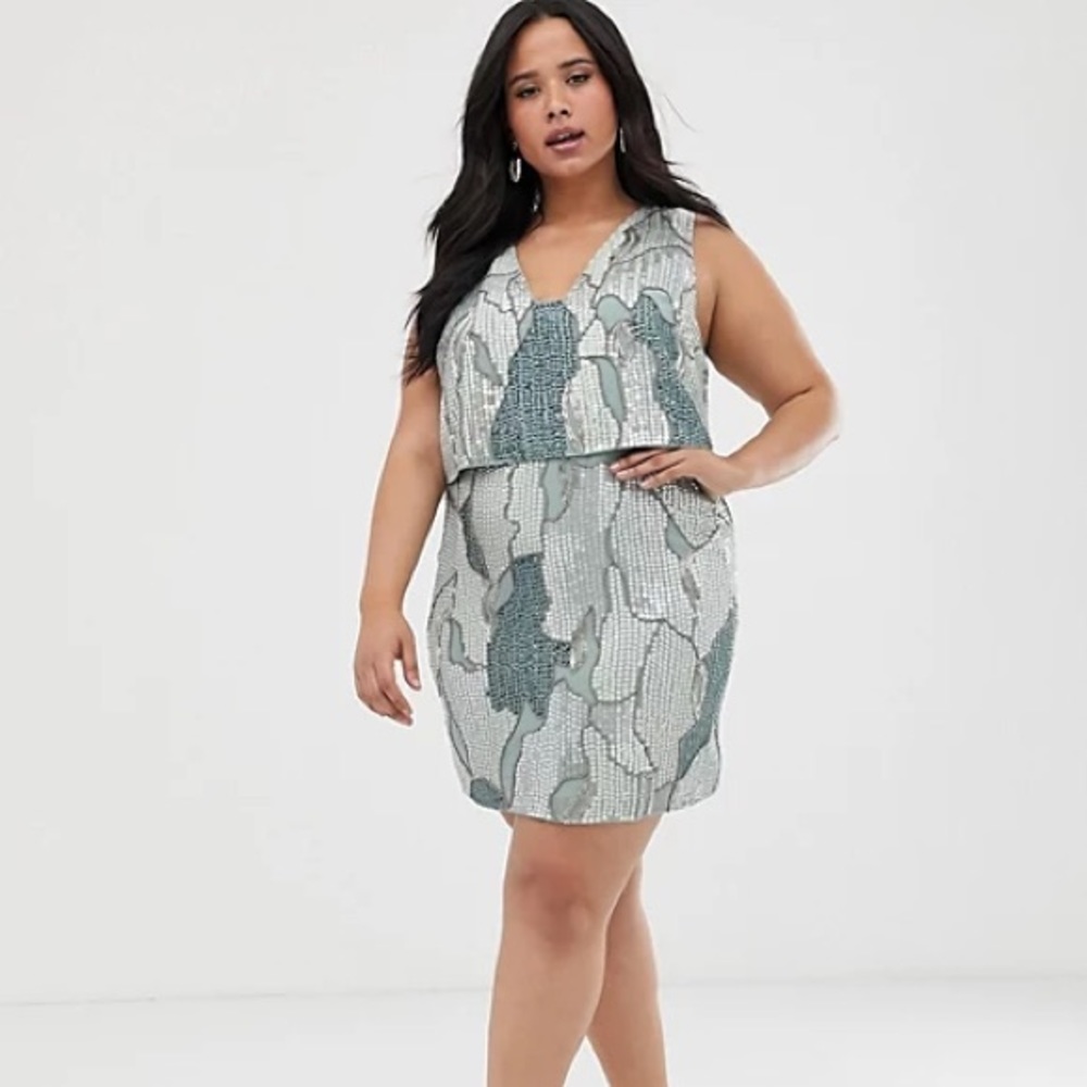 Fully Beaded Green Blue ASOS Curve Cocktail Dress Plus Size NWT